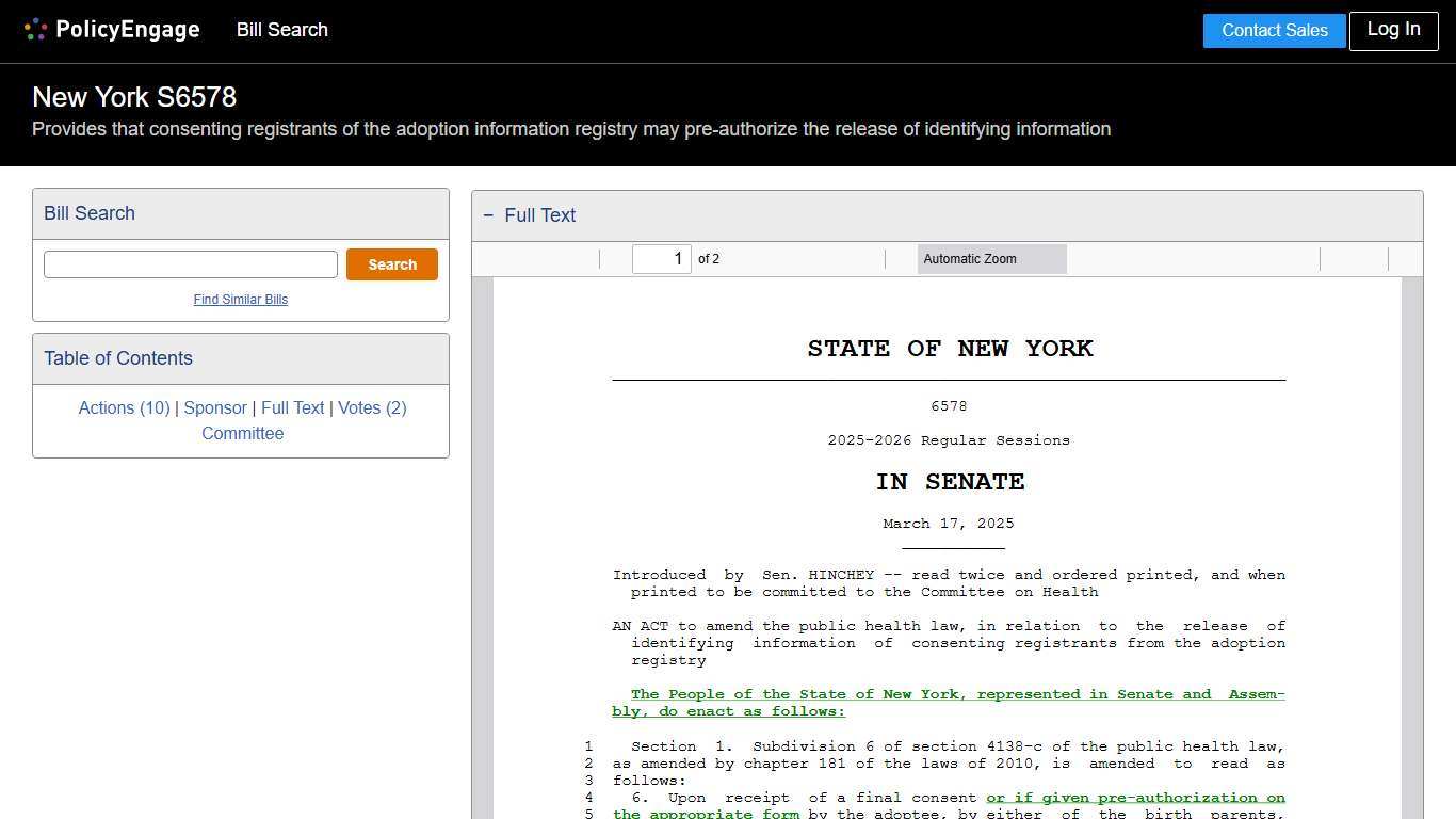 S6578 New York 2025-2026 Provides that consenting registrants of the adoption information registry may pre-authorize the release of identifying information - Legislative Tracking PolicyEngage
